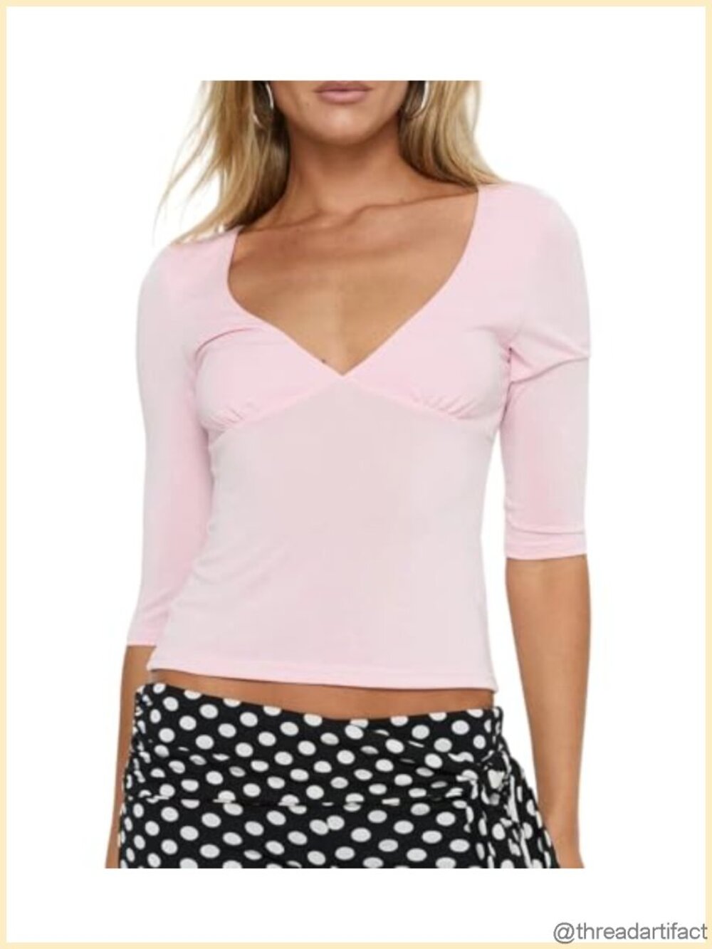 Y2K 3/4 Sleeve Crop Top Deep V Neck Slim Fit T Shirt